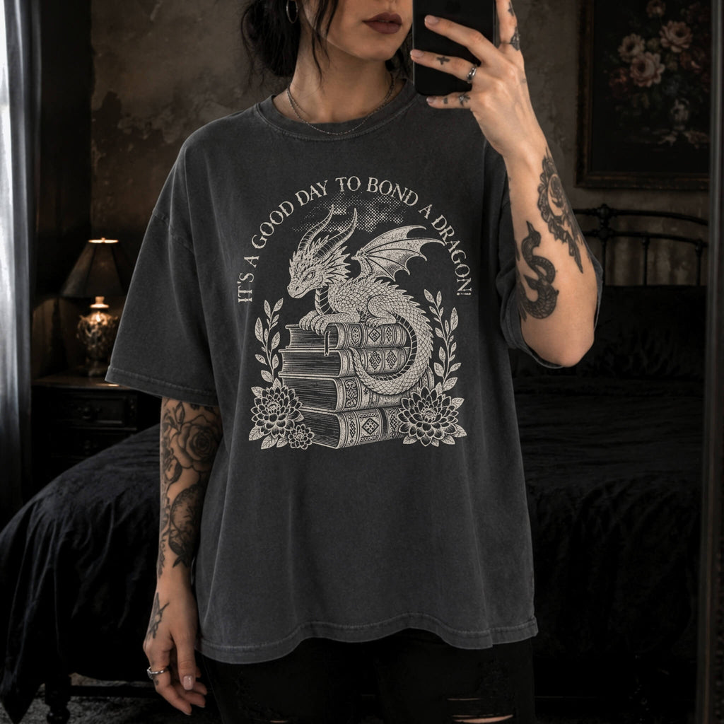 It's a Good Day to Bond a Dragon Tee in Pepper – vintage-style Comfort Colors graphic tee for fantasy and romantasy readers