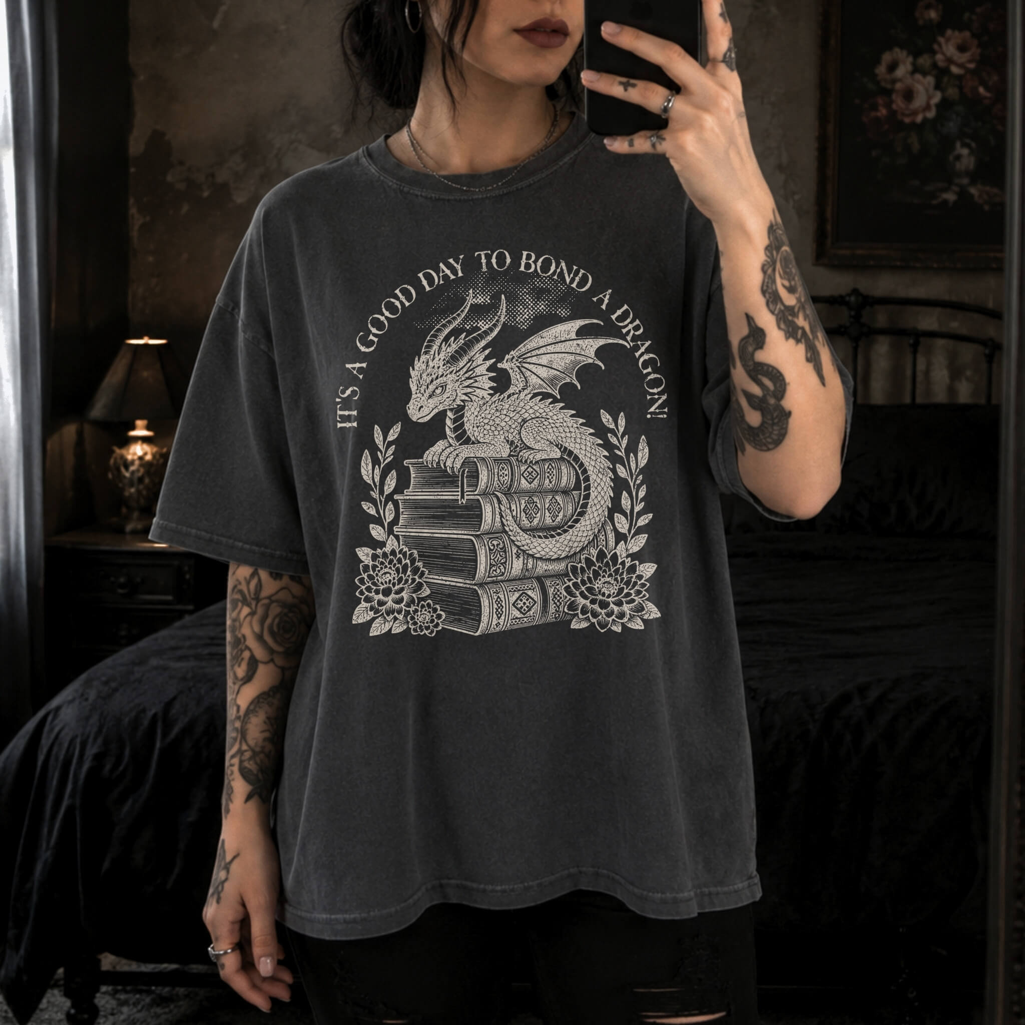 It's a Good Day to Bond a Dragon Tee in Pepper – vintage-style Comfort Colors graphic tee for fantasy and romantasy readers