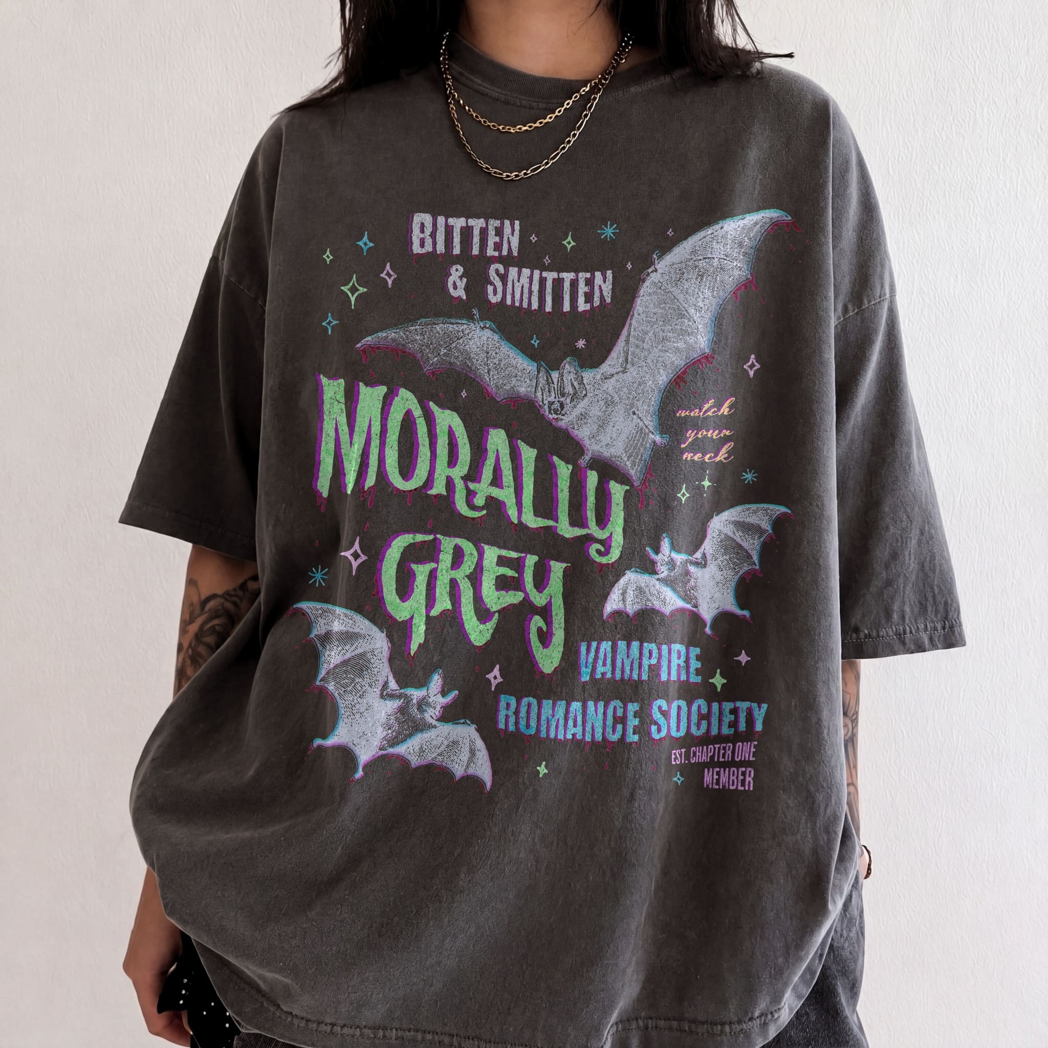 Pepper Comfort Colors 1717 relaxed fit tee with Morally Grey Vampire Romance Society retro dark romance graphic