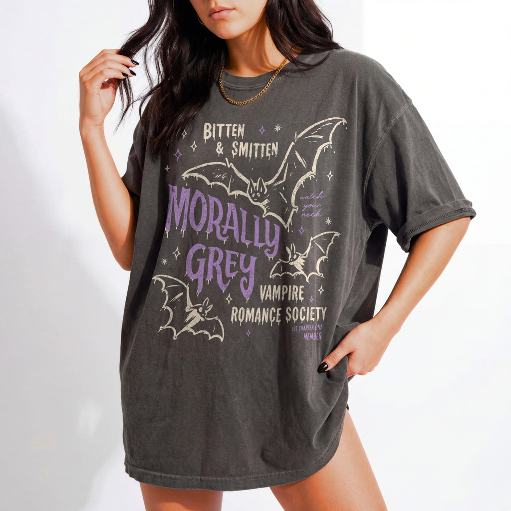 Pepper Comfort Colors 1717 relaxed fit tee with retro Morally Grey Vampire Romance Society bat graphic in purple and white