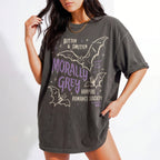 Pepper Comfort Colors 1717 relaxed fit tee with retro Morally Grey Vampire Romance Society bat graphic in purple and white