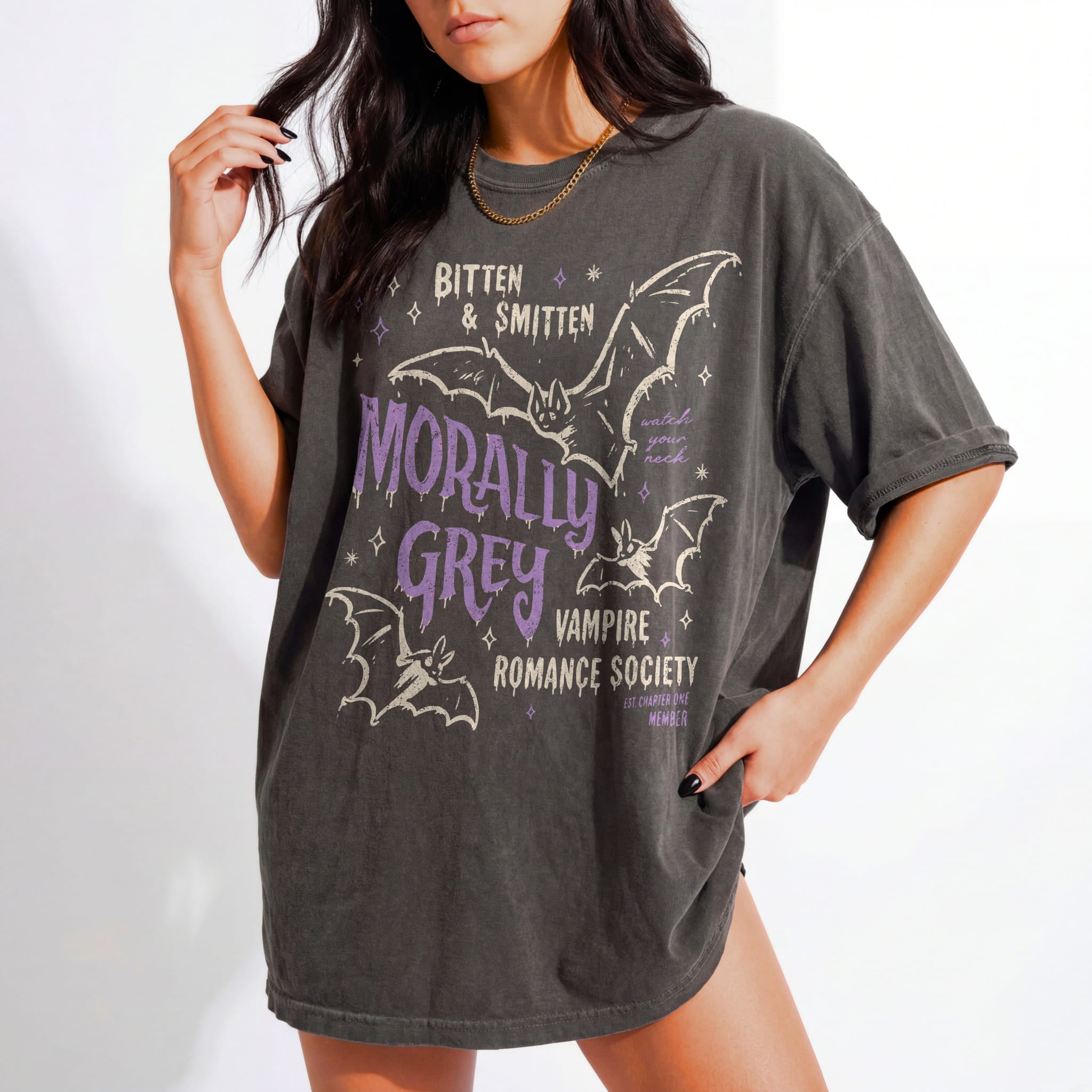 Pepper Comfort Colors 1717 relaxed fit tee with retro Morally Grey Vampire Romance Society bat graphic in purple and white