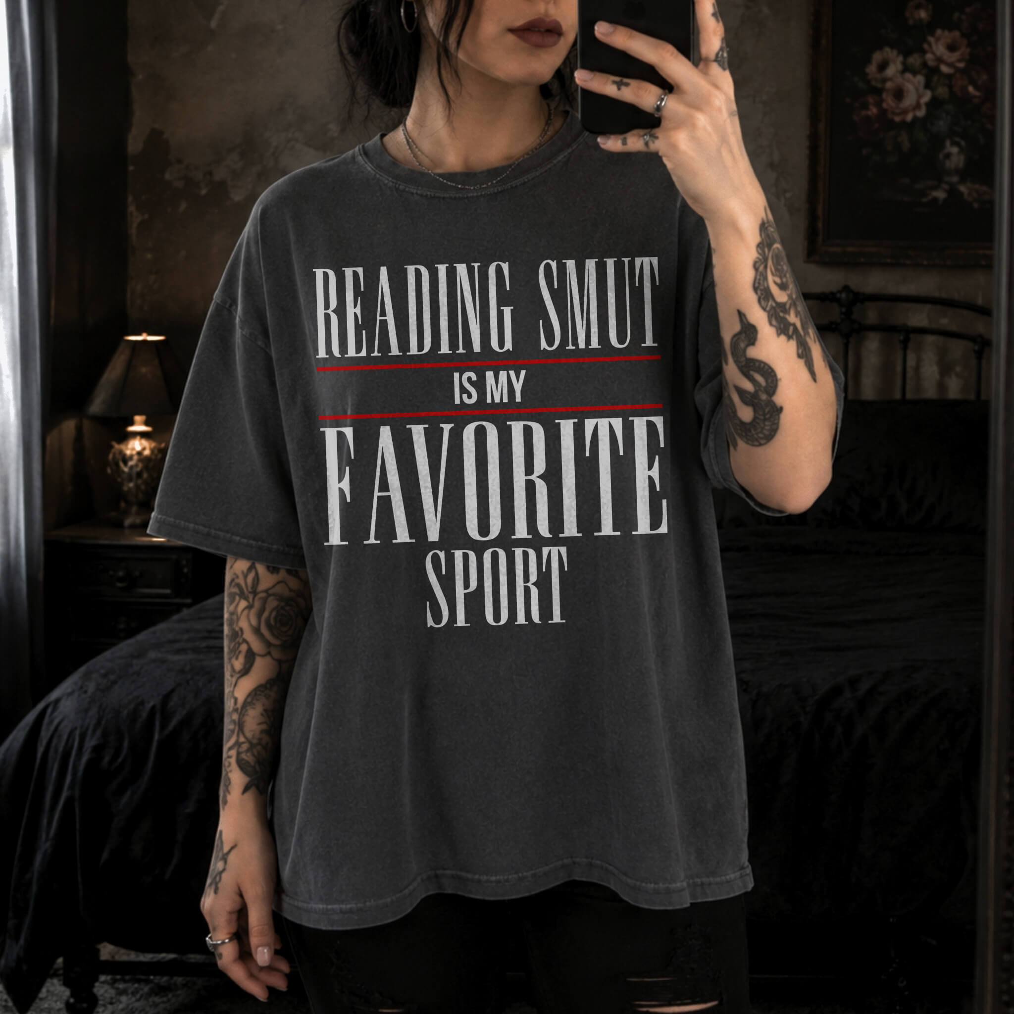 Reading Smut Is My Favorite Sport Tee in Pepper – vintage-style Comfort Colors graphic tee for dark romance and romantasy readers