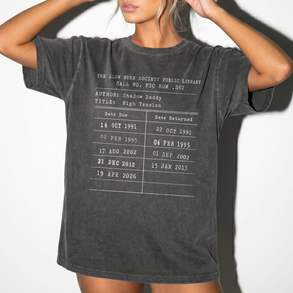 Pepper Comfort Colors 1717 relaxed fit tee with Slow Burn Society Public Library card dark romance bookish graphic