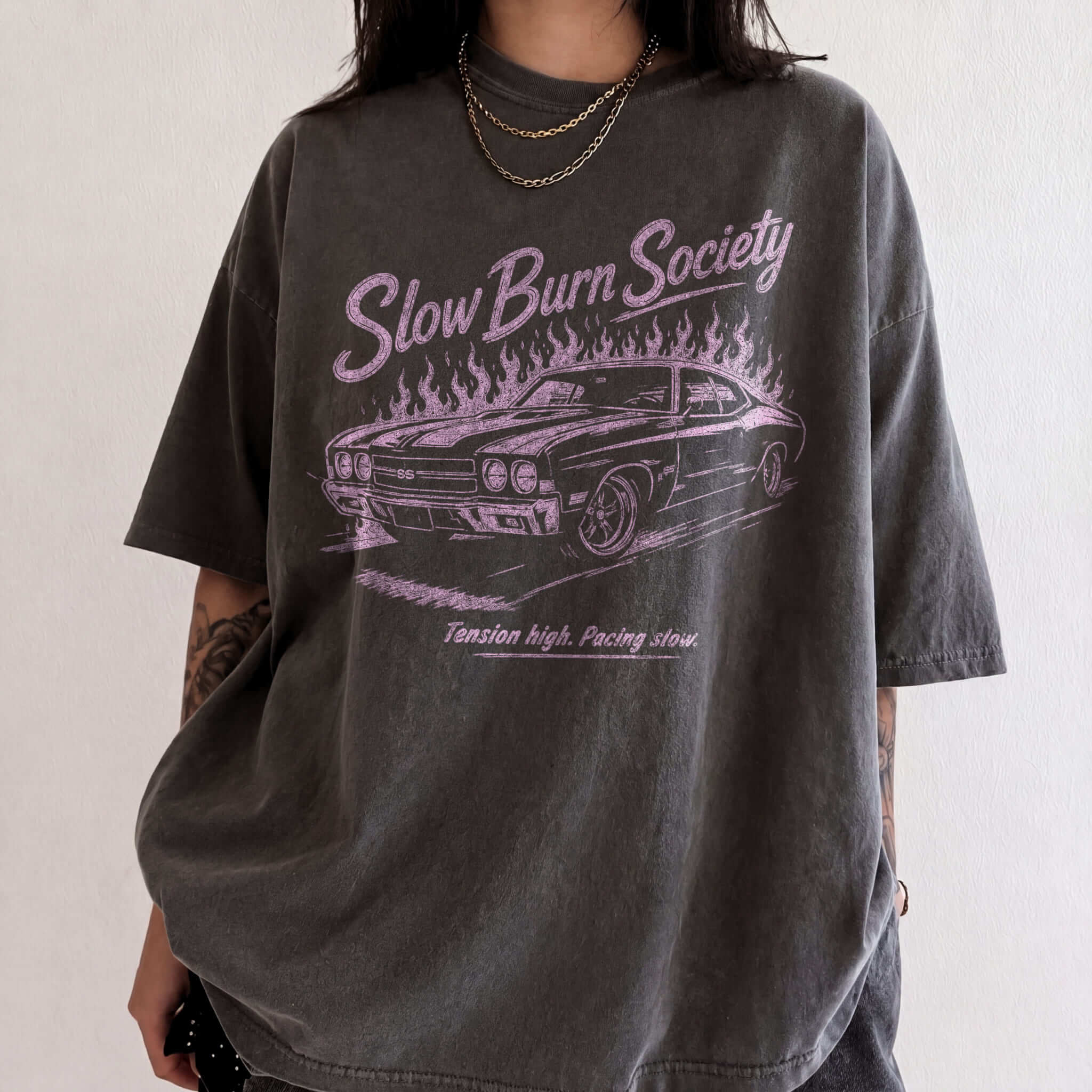 Pepper Comfort Colors 1717 relaxed fit tee with Slow Burn Society retro car flames dark romance graphic — front
