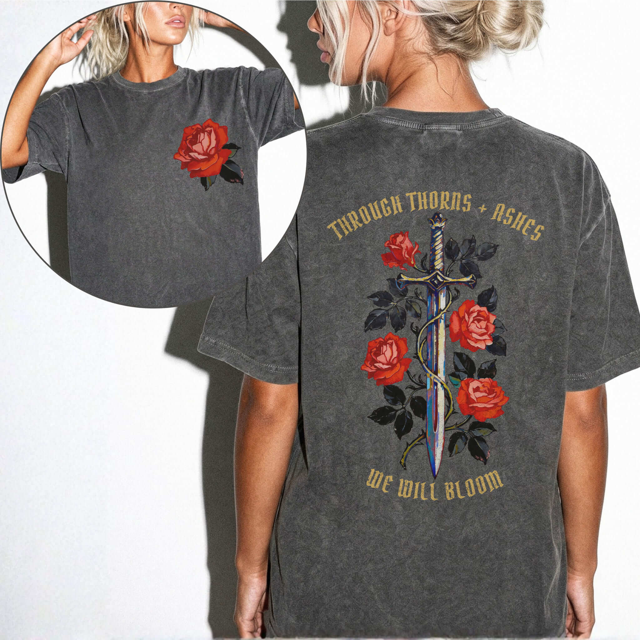 Comfort Colors 1717 Pepper relaxed fit tee with painterly red rose pocket print on front and ornate sword wrapped in roses with gold gothic text 'Through Thorns + Ashes We Will Bloom' on back
