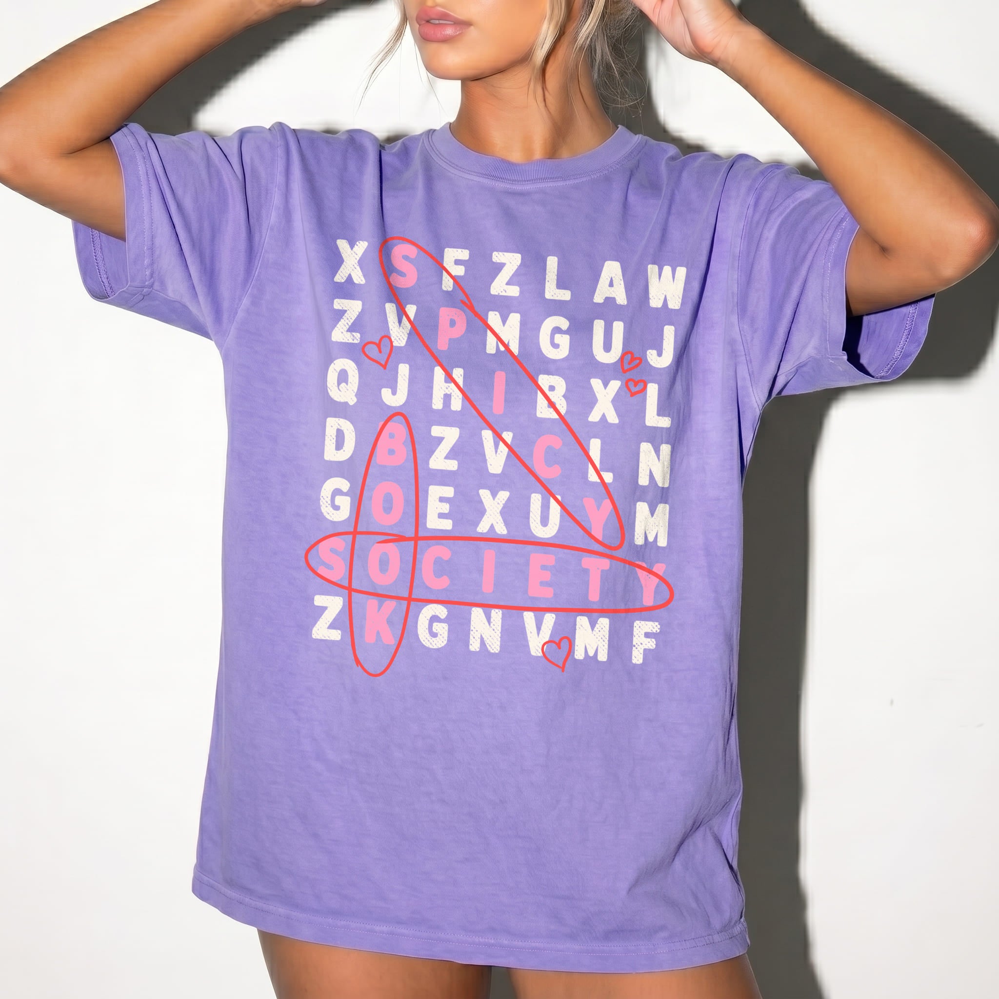 Violet Comfort Colors 1717 relaxed fit tee with Spicy Book Society word search dark romance graphic — front