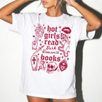 Hot Girls Read Dark Romance Books relaxed fit graphic tee in White with gothic tattoo-style skull, snake, lips, and dagger print - Novelspun Apparel