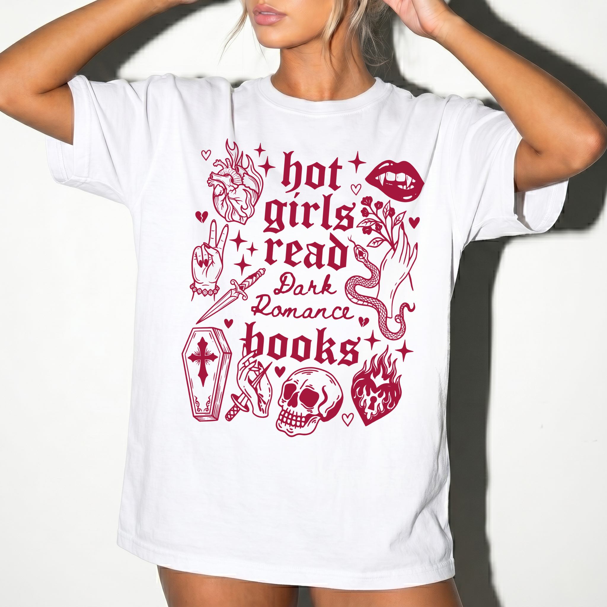Hot Girls Read Dark Romance Books relaxed fit graphic tee in White with gothic tattoo-style skull, snake, lips, and dagger print - Novelspun Apparel