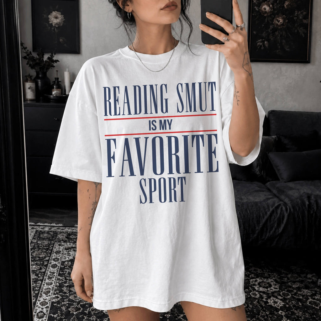 Reading Smut Is My Favorite Sport Tee in White – vintage-style Comfort Colors graphic tee for dark romance and romantasy readers