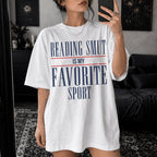 Reading Smut Is My Favorite Sport Tee in White – vintage-style Comfort Colors graphic tee for dark romance and romantasy readers