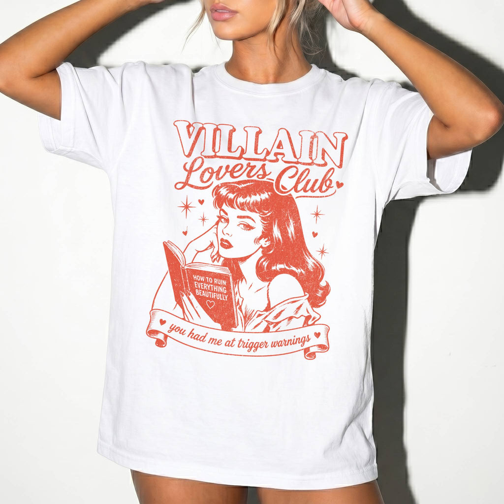 White Comfort Colors 1717 relaxed fit tee with Villain Lovers Club retro dark romance graphic